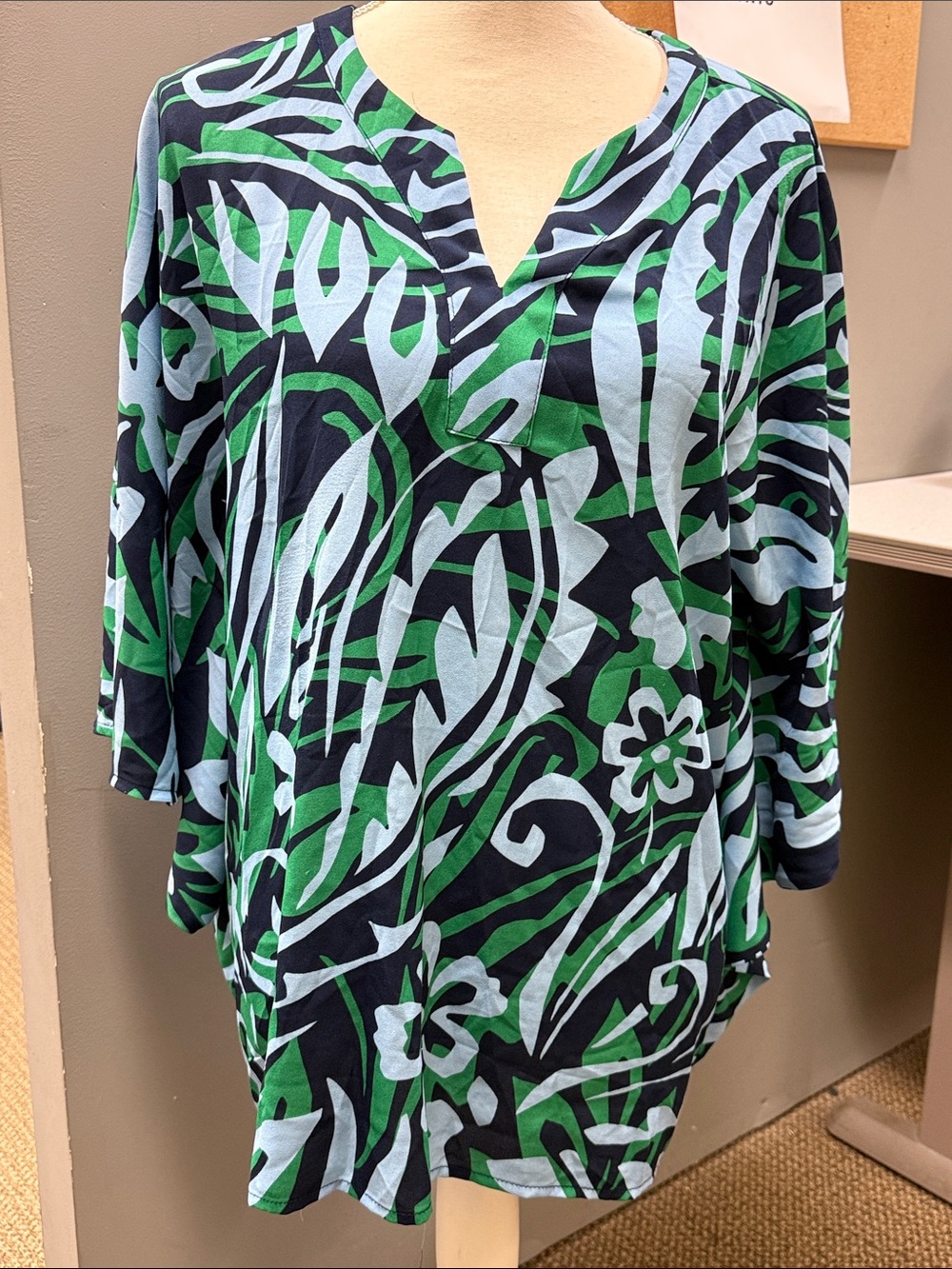 Belle by Kim Gravel Navy Tunic with Green & Light Blue Abstract Print